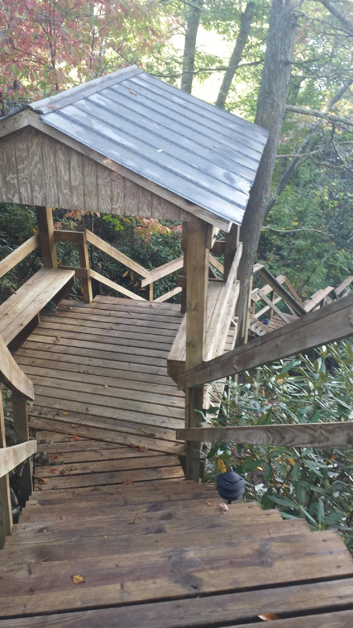 Metal roofed shelter over wooden steps on a wooded walkway in New Hartford